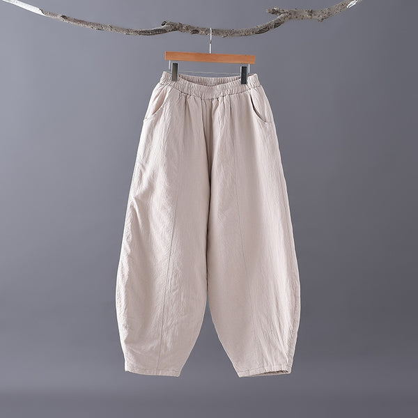 Women Pure Color Linen and Cotton Quilted Lantern Pants