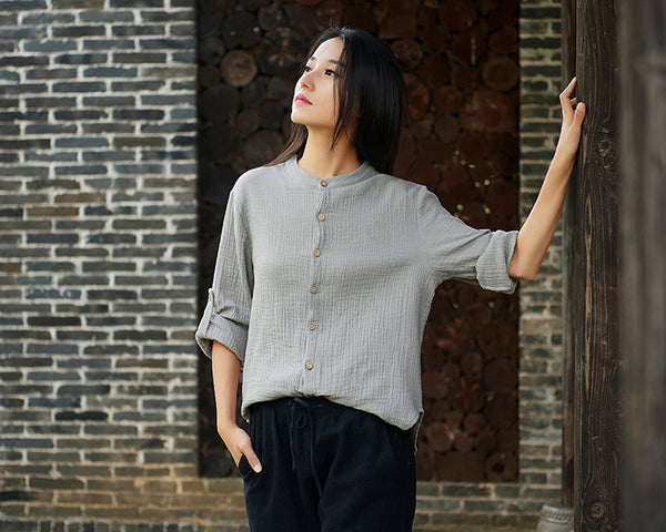 Women Casual Style Wrinkle Linen and Cotton Long Sleeve Cardigan Shirt