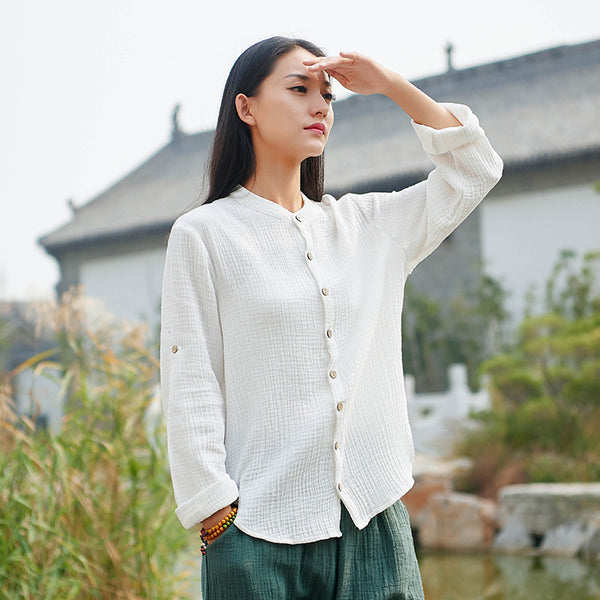 Women Casual Style Wrinkle Linen and Cotton Long Sleeve Cardigan Shirt