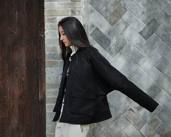 Modern Eastern Style Linen and Cotton Long Sleeve Quilted Short Jacket