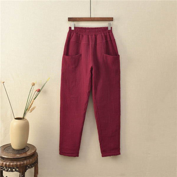 Women Wrinkle Linen and Cotton Quilted Tapered Pants