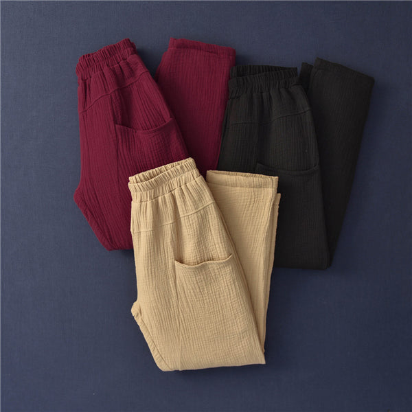 Women Wrinkle Linen and Cotton Quilted Tapered Pants