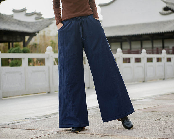 Women Linen and Cotton Wide Leg Quilted Pants