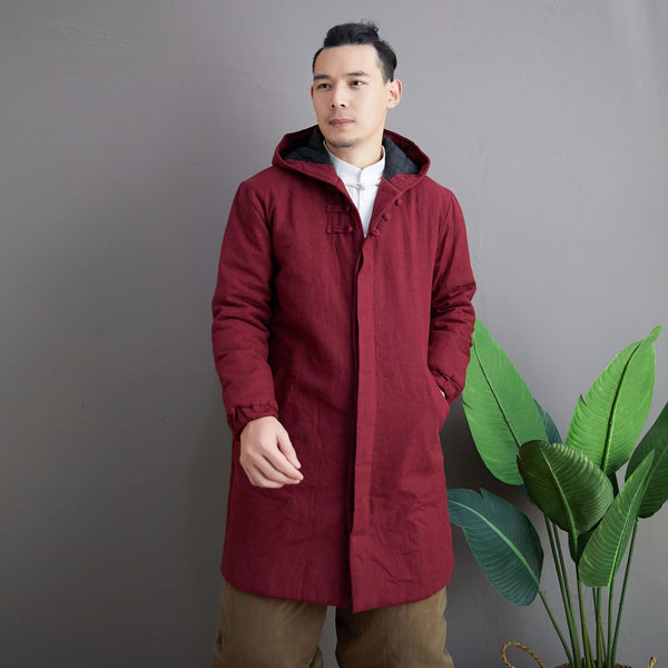 Men Simple Pure Color Style Middle Length Linen and Cotton Quilted Coat with Hoodie