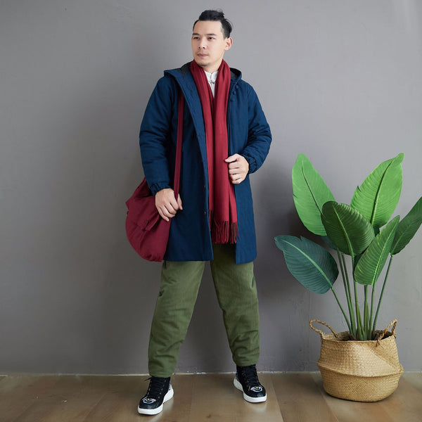 Men Simple Pure Color Style Middle Length Linen and Cotton Quilted Coat with Hoodie