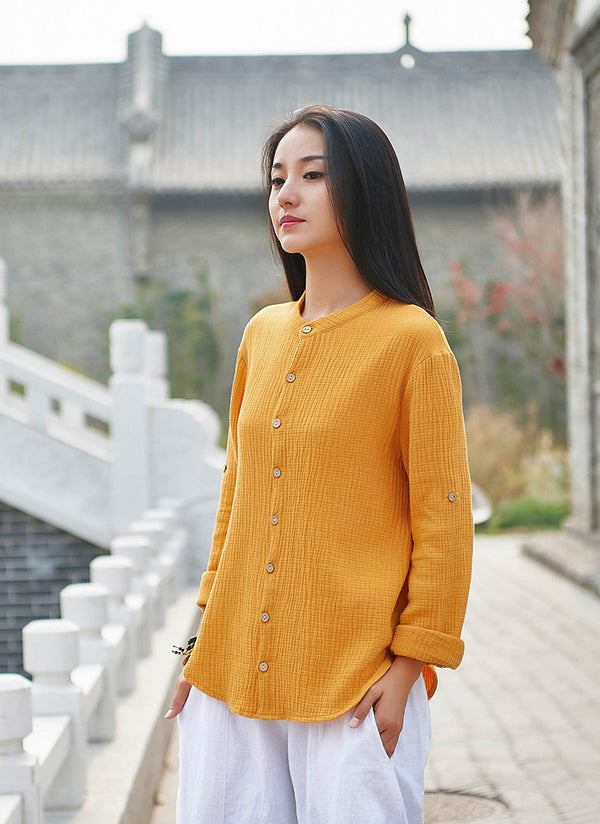 Women Casual Style Wrinkle Linen and Cotton Long Sleeve Cardigan Shirt