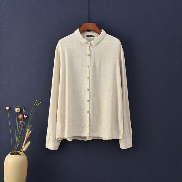 Women Casual Style Sand-washed Linen and Cotton Long Sleeve Shirt