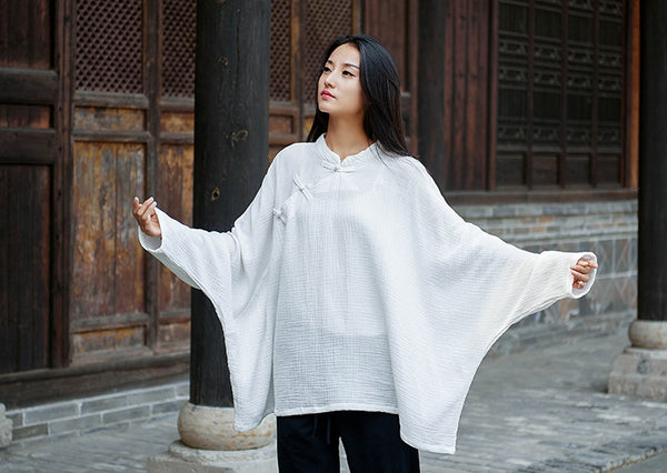 Women Modern Chinese Style Loose Wrinkle Linen and Cotton Blouses