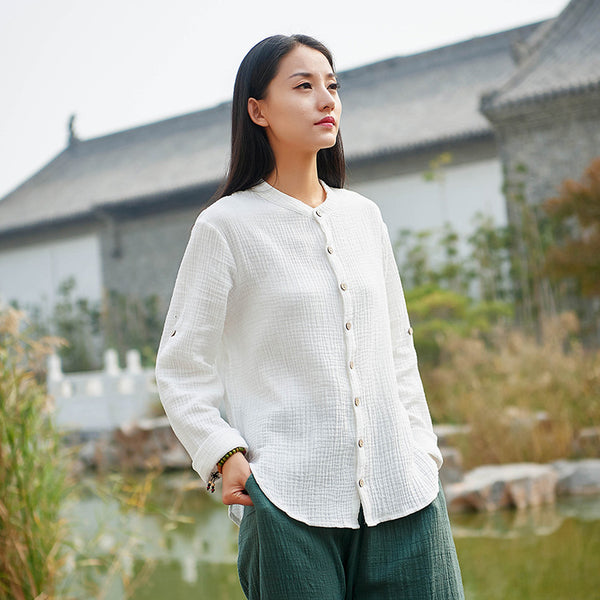 Women Casual Style Wrinkle Linen and Cotton Long Sleeve Cardigan Shirt