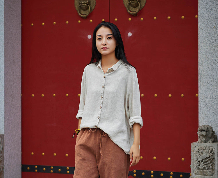 Women Casual Style Sand-washed Linen and Cotton Long Sleeve Shirt