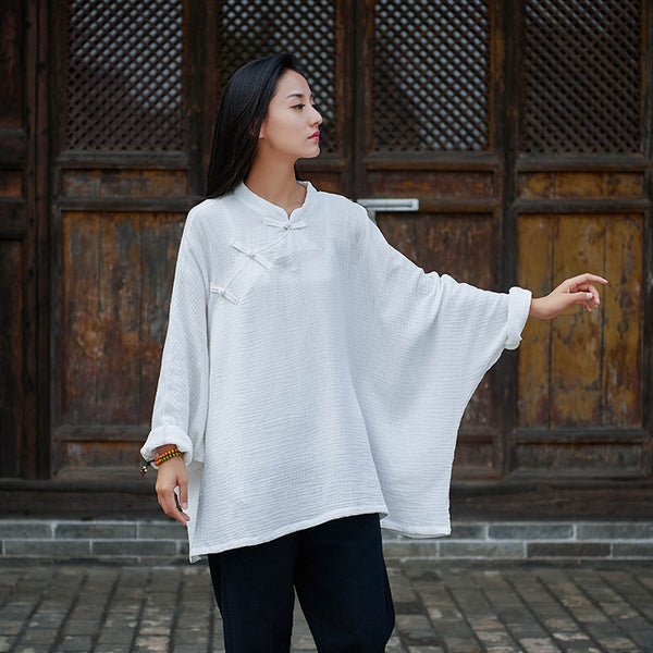 Women Modern Chinese Style Loose Wrinkle Linen and Cotton Blouses