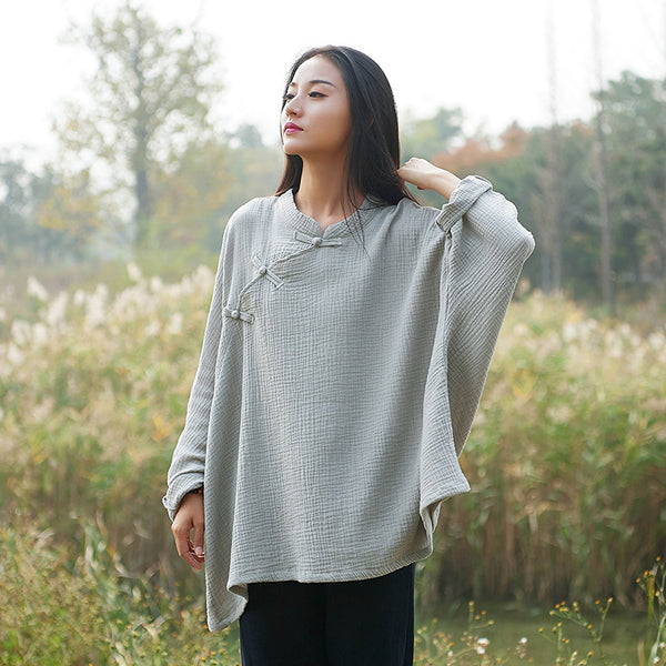 Women Modern Chinese Style Loose Wrinkle Linen and Cotton Blouses