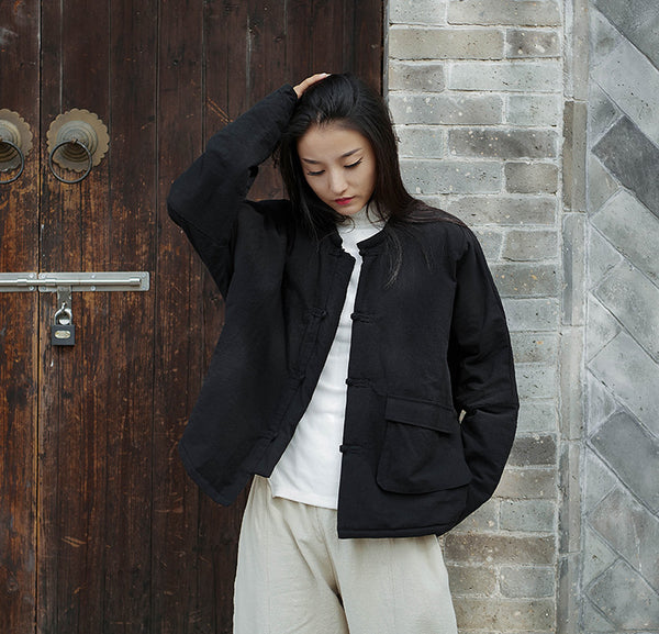 Modern Eastern Style Linen and Cotton Long Sleeve Quilted Short Jacket