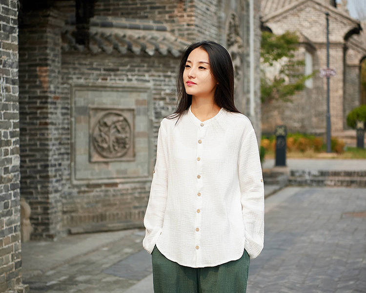 Women Casual Style Wrinkle Linen and Cotton Long Sleeve Cardigan Shirt