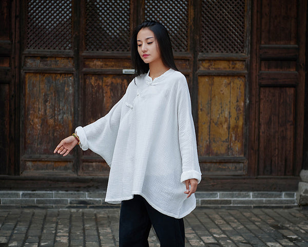 Women Modern Chinese Style Loose Wrinkle Linen and Cotton Blouses