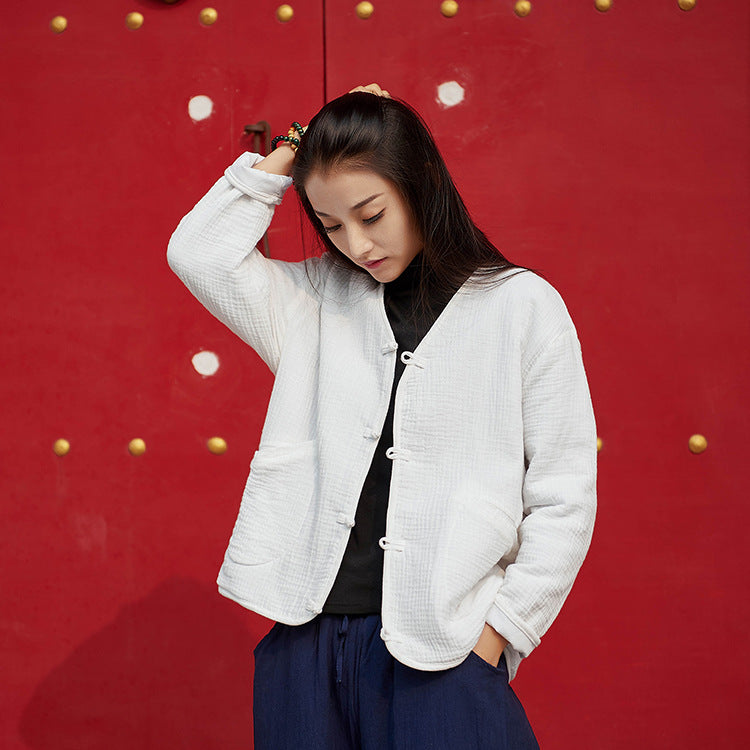 Women Casual Style Wrinkle Linen and Cotton Long Sleeve Quilted Cardigan Shirt