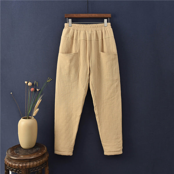 Women Wrinkle Linen and Cotton Quilted Tapered Pants