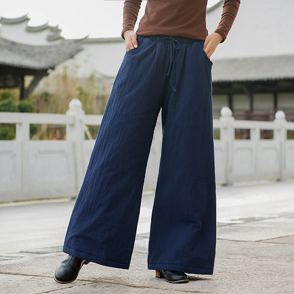 Women Linen and Cotton Wide Leg Quilted Pants