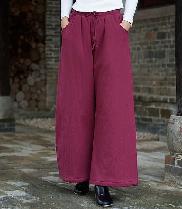 Women Linen and Cotton Wide Leg Quilted Pants