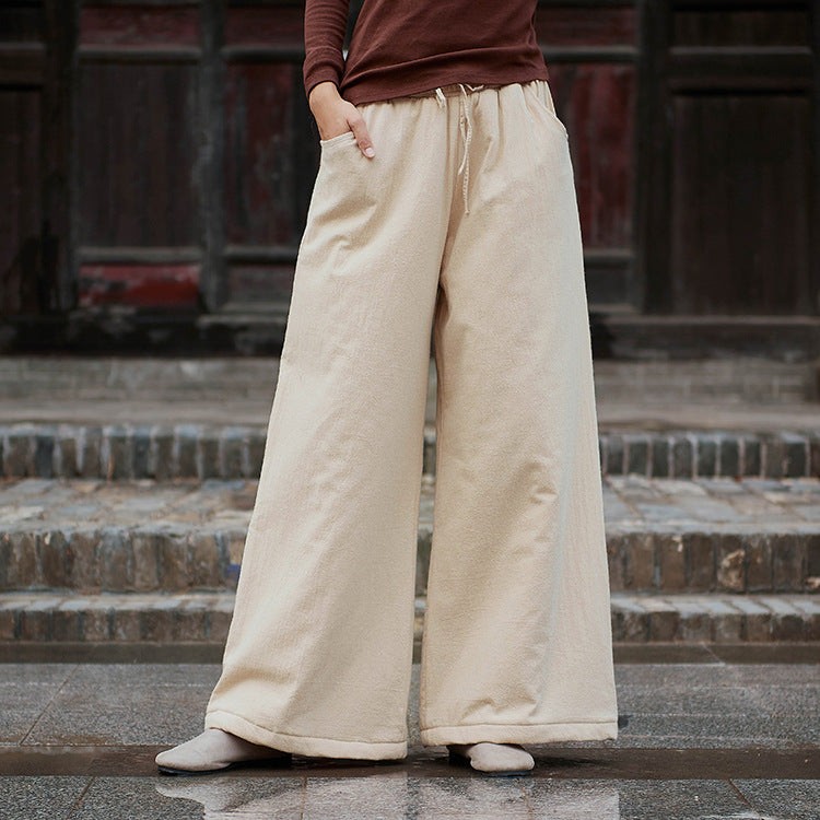 Women Linen and Cotton Wide Leg Quilted Pants