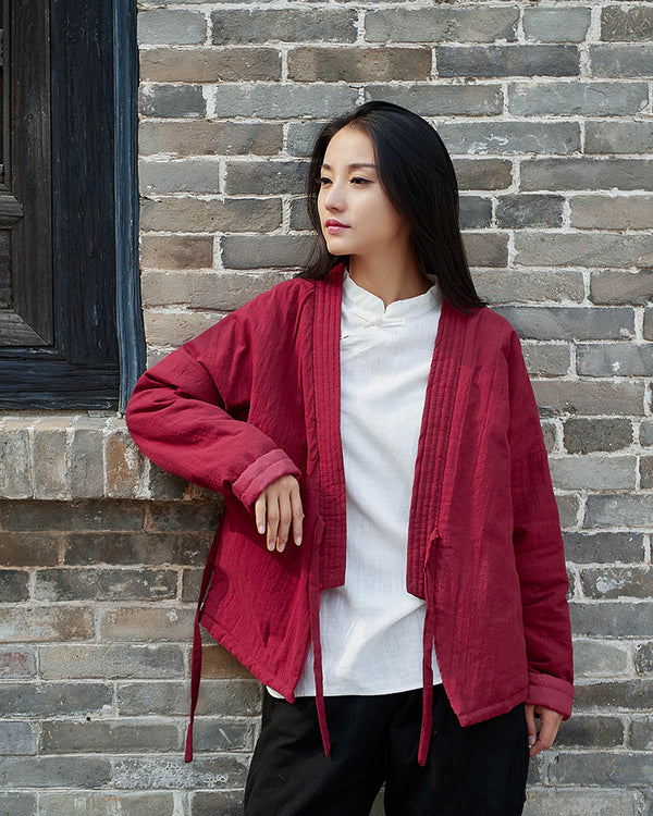 Women Eastern Zen Style Linen and Cotton Long Sleeve Quilted Short Coat