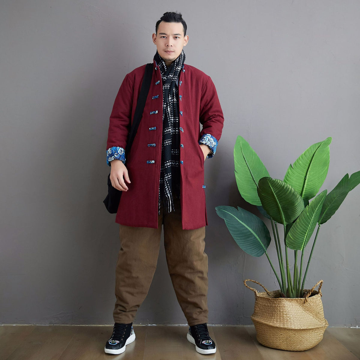 Men Asian KungFu Style Middle Length Linen and Cotton Quilted Coat
