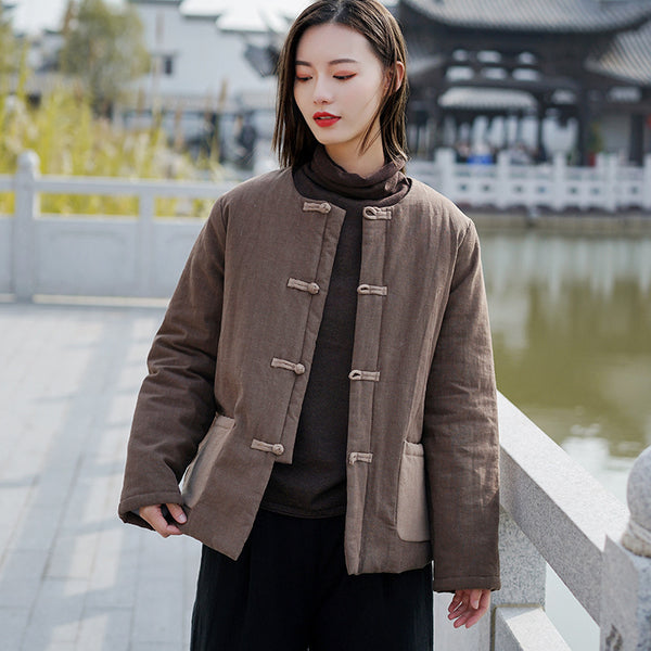 Women Sand Washed Linen and Cotton Quilted Round Neck Jacket