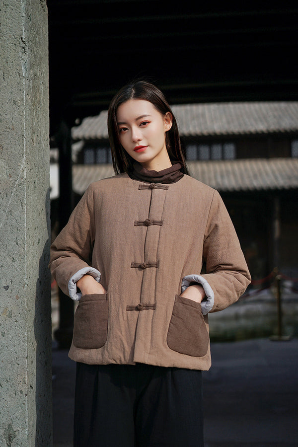 Women Sand Washed Linen and Cotton Quilted Round Neck Jacket