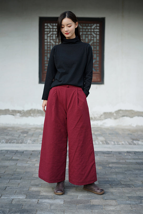 Women Pure Color Linen and Cotton Quilted Wide Leg Pants
