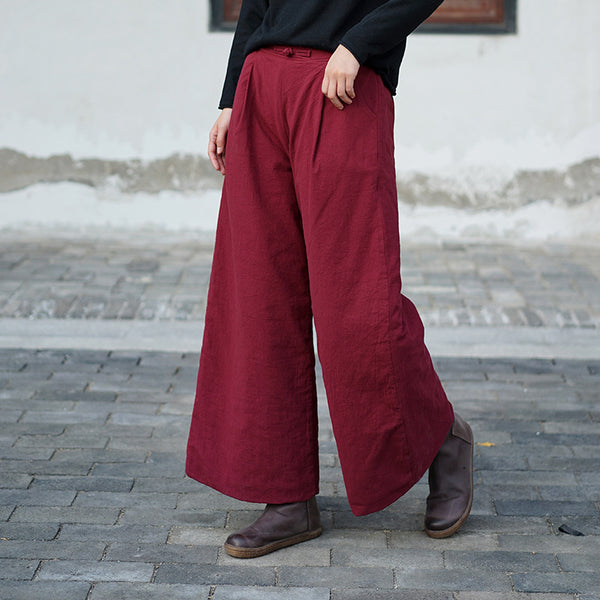Women Pure Color Linen and Cotton Quilted Wide Leg Pants