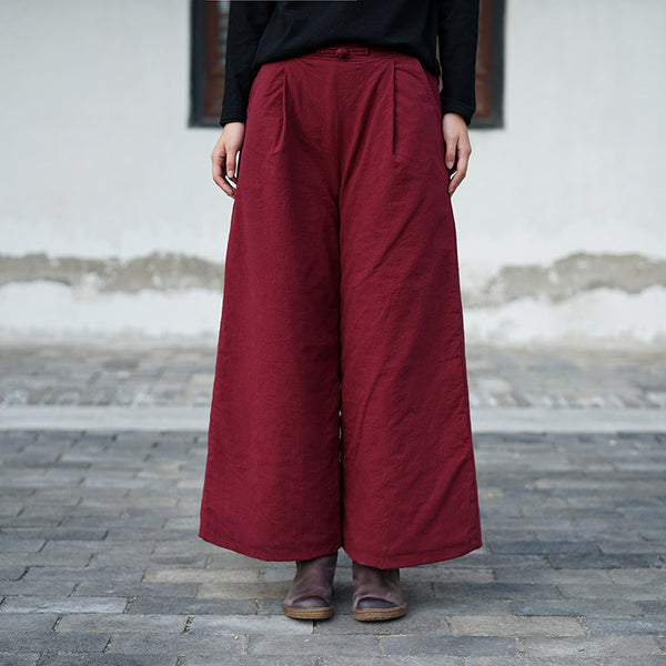 Women Pure Color Linen and Cotton Quilted Wide Leg Pants