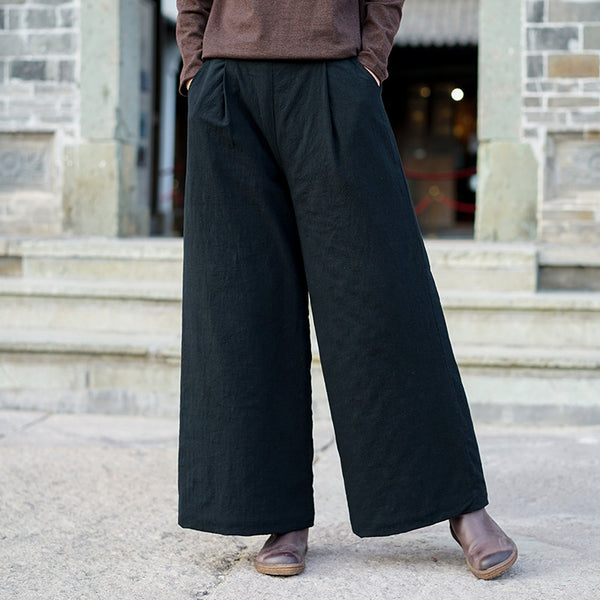 Women Pure Color Linen and Cotton Quilted Wide Leg Pants