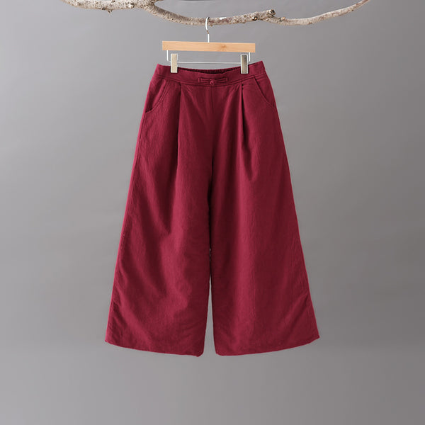 Women Pure Color Linen and Cotton Quilted Wide Leg Pants