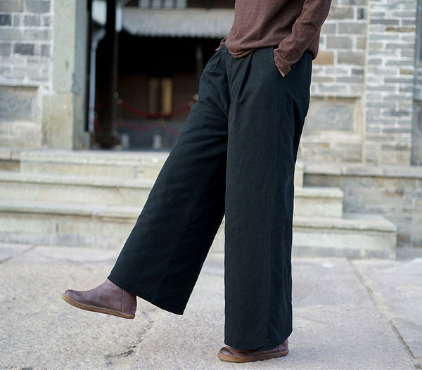 Women Pure Color Linen and Cotton Quilted Wide Leg Pants