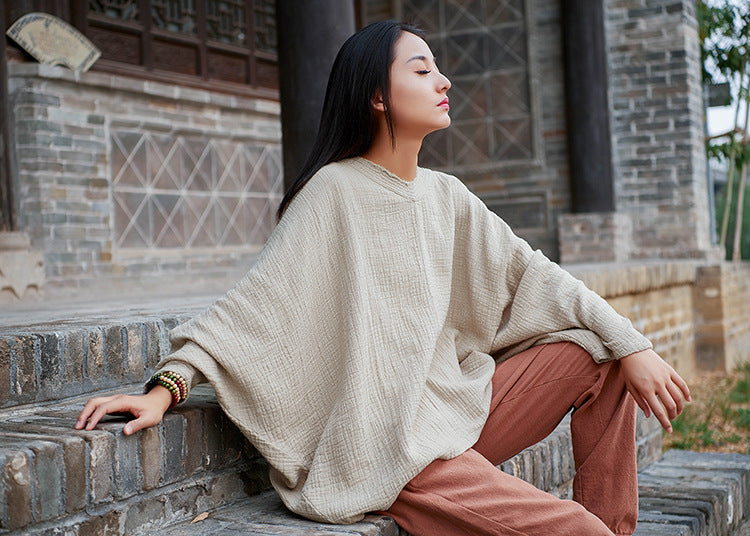 Women Casual Style Linen and Cotton Long Sleeve Loose T-shirt