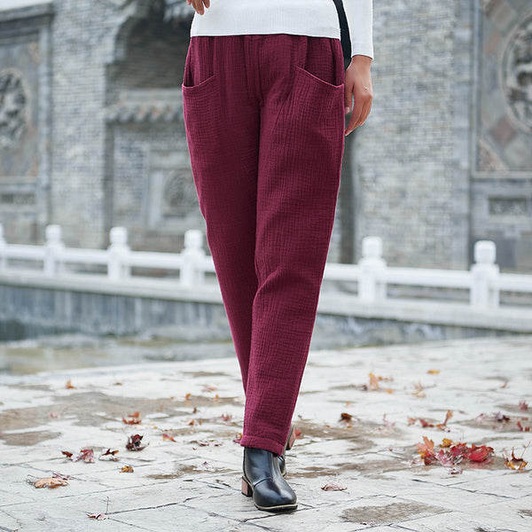 Women Wrinkle Linen and Cotton Quilted Tapered Pants