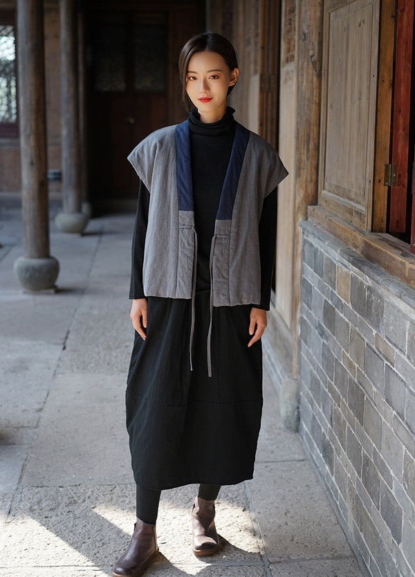Women Retro Style Sleeveless Linen and Cotton Short Quilted Vest