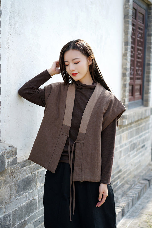 Women Retro Style Sleeveless Linen and Cotton Short Quilted Vest