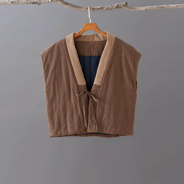 Women Retro Style Sleeveless Linen and Cotton Short Quilted Vest