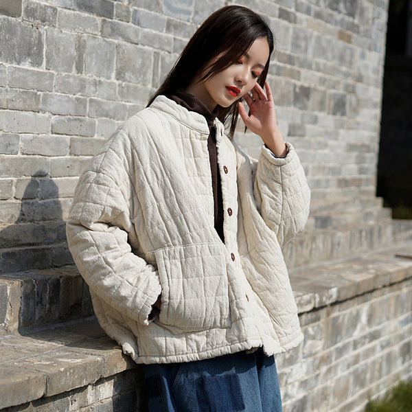 Women Retro Style Short Length Linen and Cotton Grid Quilted Coat