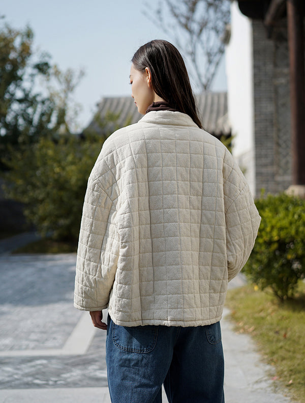 Women Retro Style Short Length Linen and Cotton Grid Quilted Coat