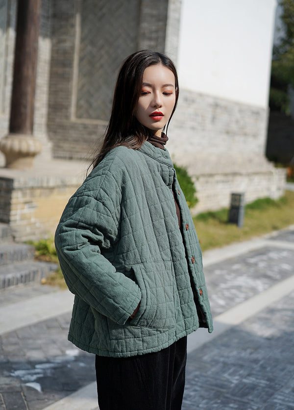 Women Retro Style Short Length Linen and Cotton Grid Quilted Coat