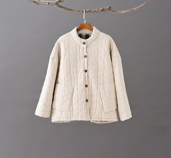 Women Retro Style Short Length Linen and Cotton Grid Quilted Coat