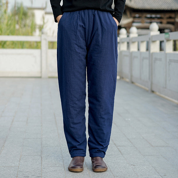 Women Pure Color Linen and Cotton Quilted Cropped Pants