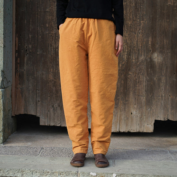 Women Pure Color Linen and Cotton Quilted Cropped Pants