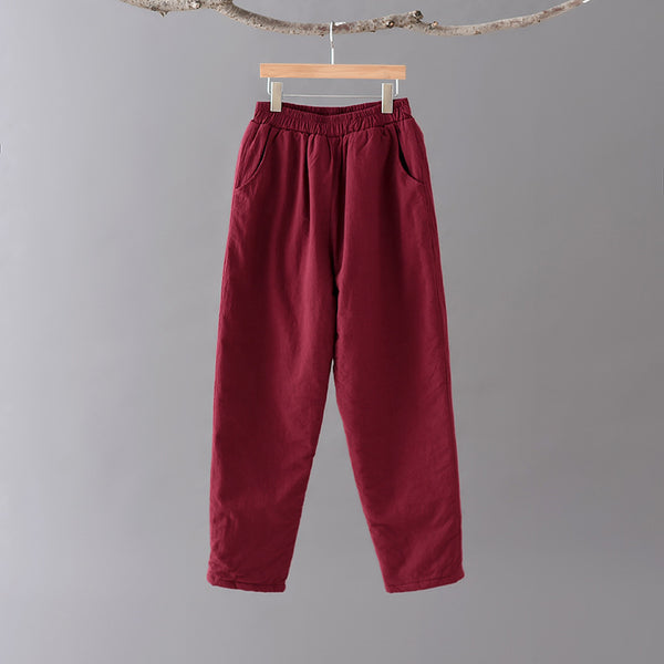 Women Pure Color Linen and Cotton Quilted Cropped Pants