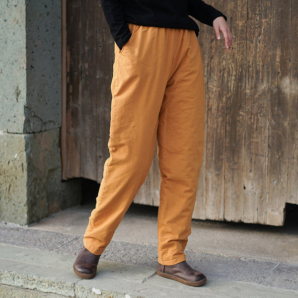 Women Pure Color Linen and Cotton Quilted Cropped Pants