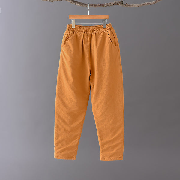 Women Pure Color Linen and Cotton Quilted Cropped Pants