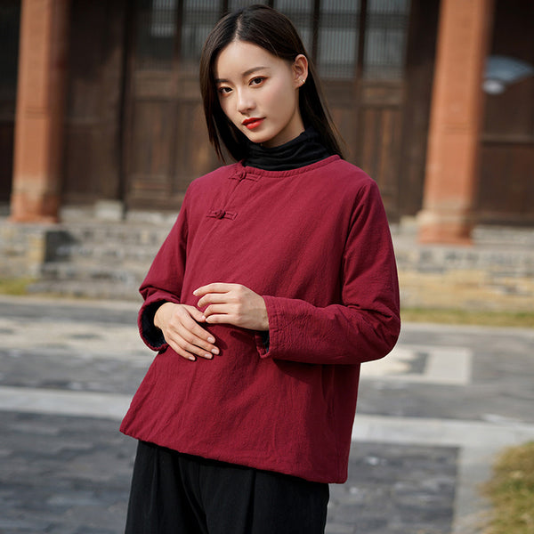 Women Retro Style Diagonal Buckle Linen and Cotton Short Length Quilted Jacket