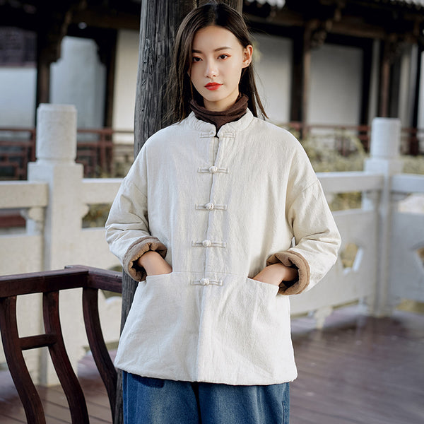 Women Retro Style Short Length Linen and Cotton Thin Quilted Coat